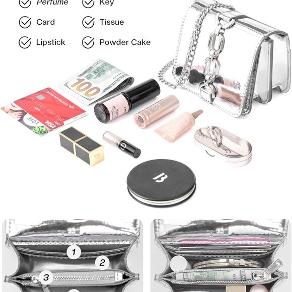 Mini Crossbody Bags for Women, Silver Evening Bags for Women with Built-in Mirro - Picture 5 of 9